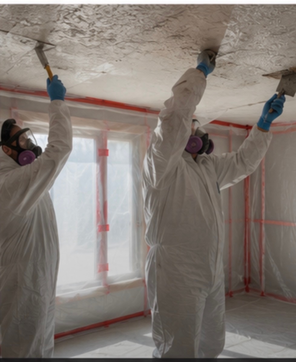 Precision Environmental crew removing popcorn ceiling under red containment