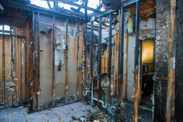 Fire-damaged interior gutted to the framing studs
